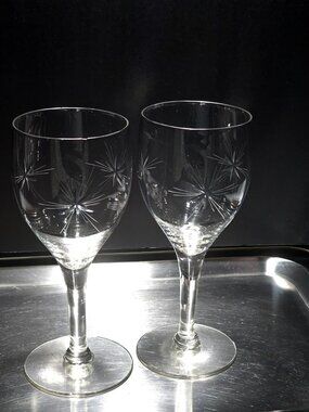 2 Vintage Starburst Wine Glasses 6.75" etched water goblets six point star read*